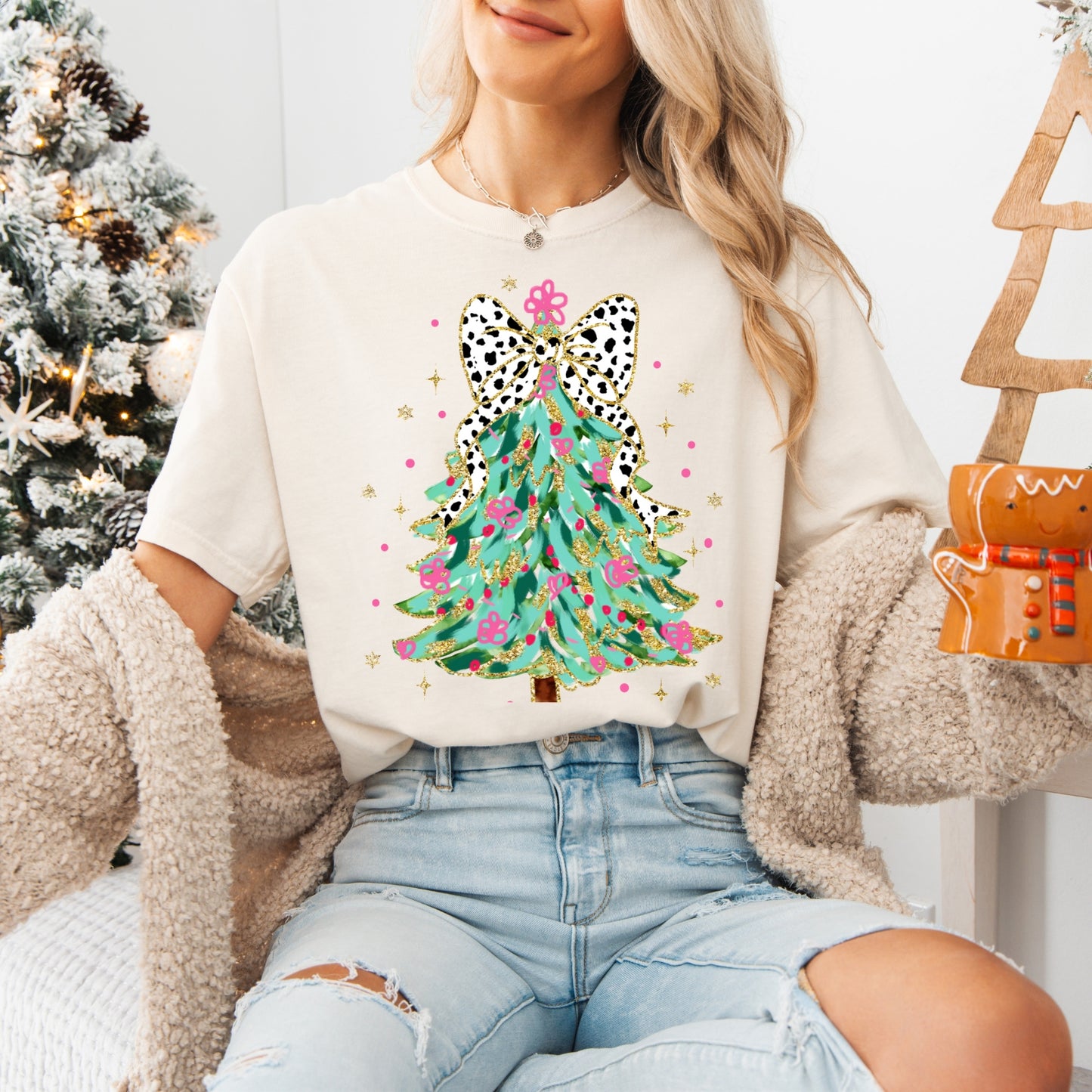 Coquette Glitter Christmas Tree Graphic Tee, Comfort Colors, Women's Holiday Tshirt