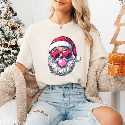 Retro Santa Blowing Bubble Graphic Tee, Comfort Color, Holiday Tshirt, Womens Christmas Tee