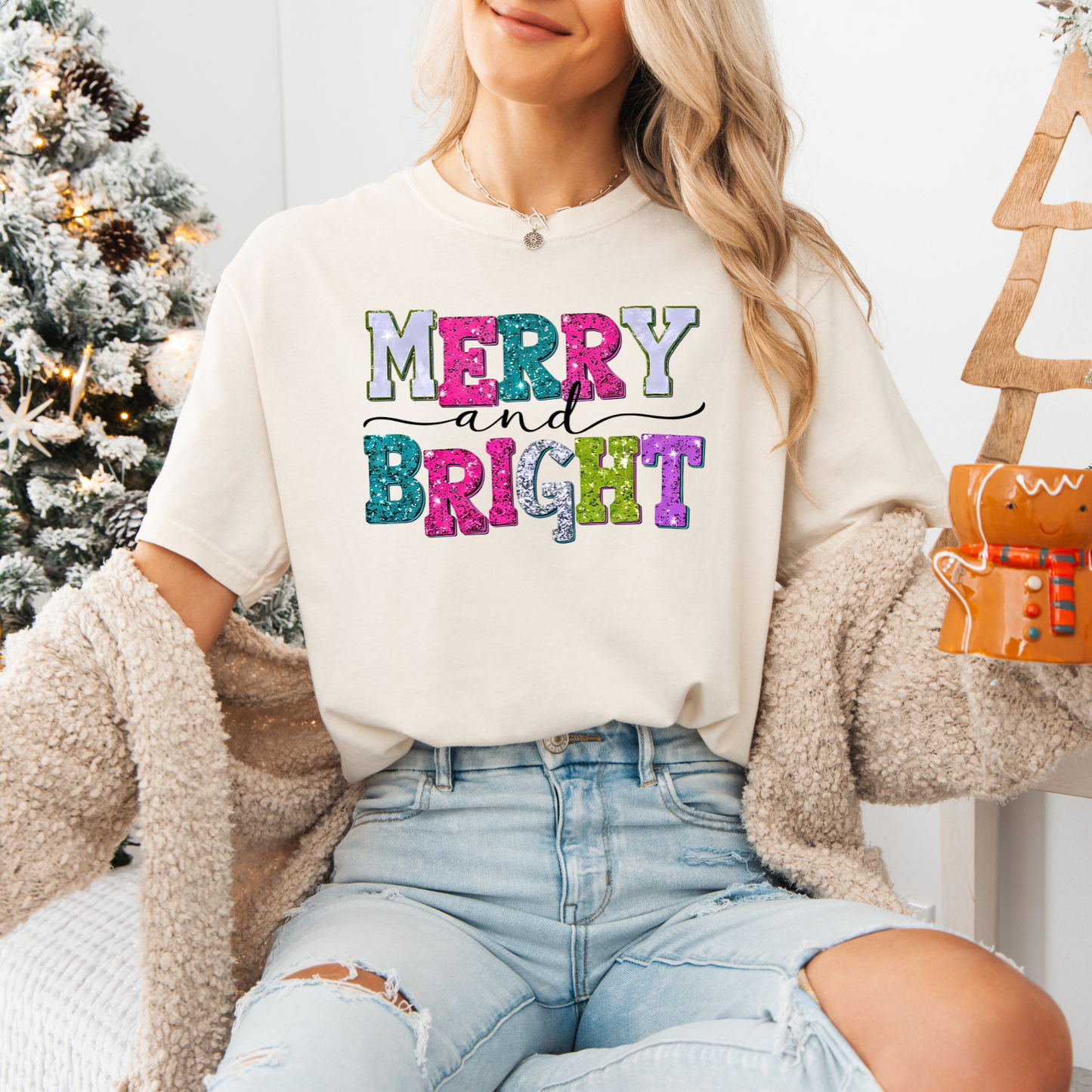 Merry and Bright, Comfort Colors, Winter Holiday Tshirt, Womens Christmas Tee