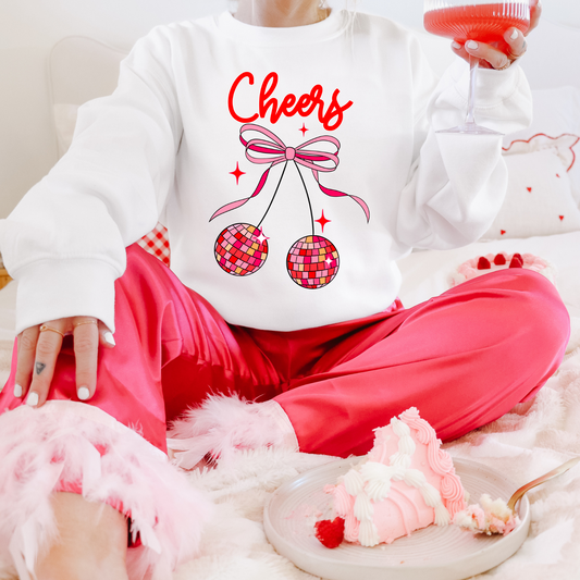 Cheers Cherry Disco Pullover Sweatshirt, Women's Holiday Crewneck