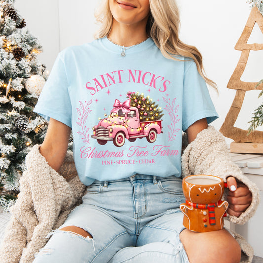 St. Nicks Christmas Tree Farm Pink Graphic Tee, Comfort Colors, Winter Holiday Tshirt, Womens Christmas Tee