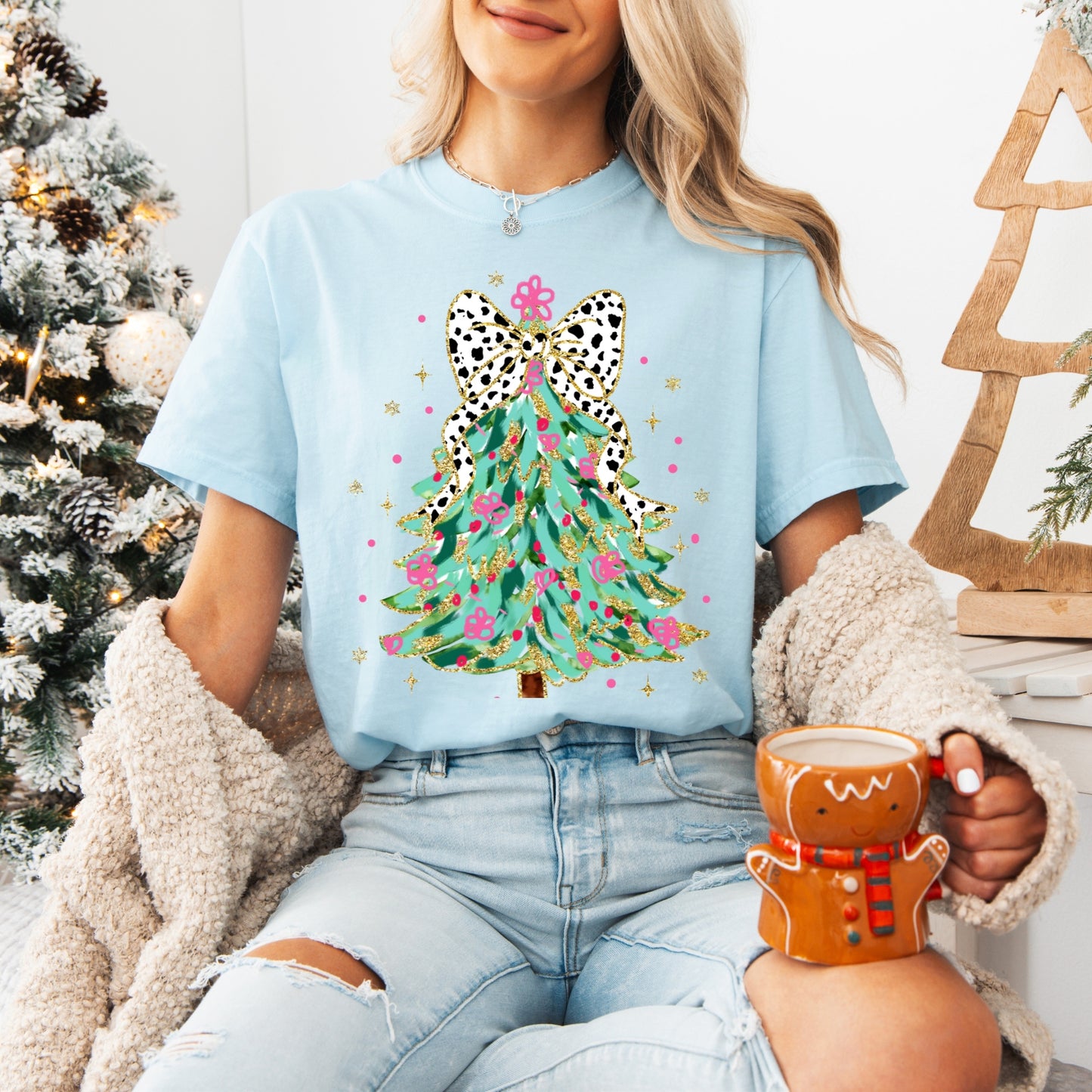 Coquette Glitter Christmas Tree Graphic Tee, Comfort Colors, Women's Holiday Tshirt