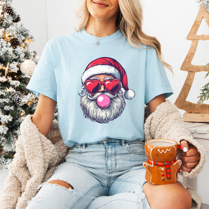 Retro Santa Blowing Bubble Graphic Tee, Comfort Color, Holiday Tshirt, Womens Christmas Tee