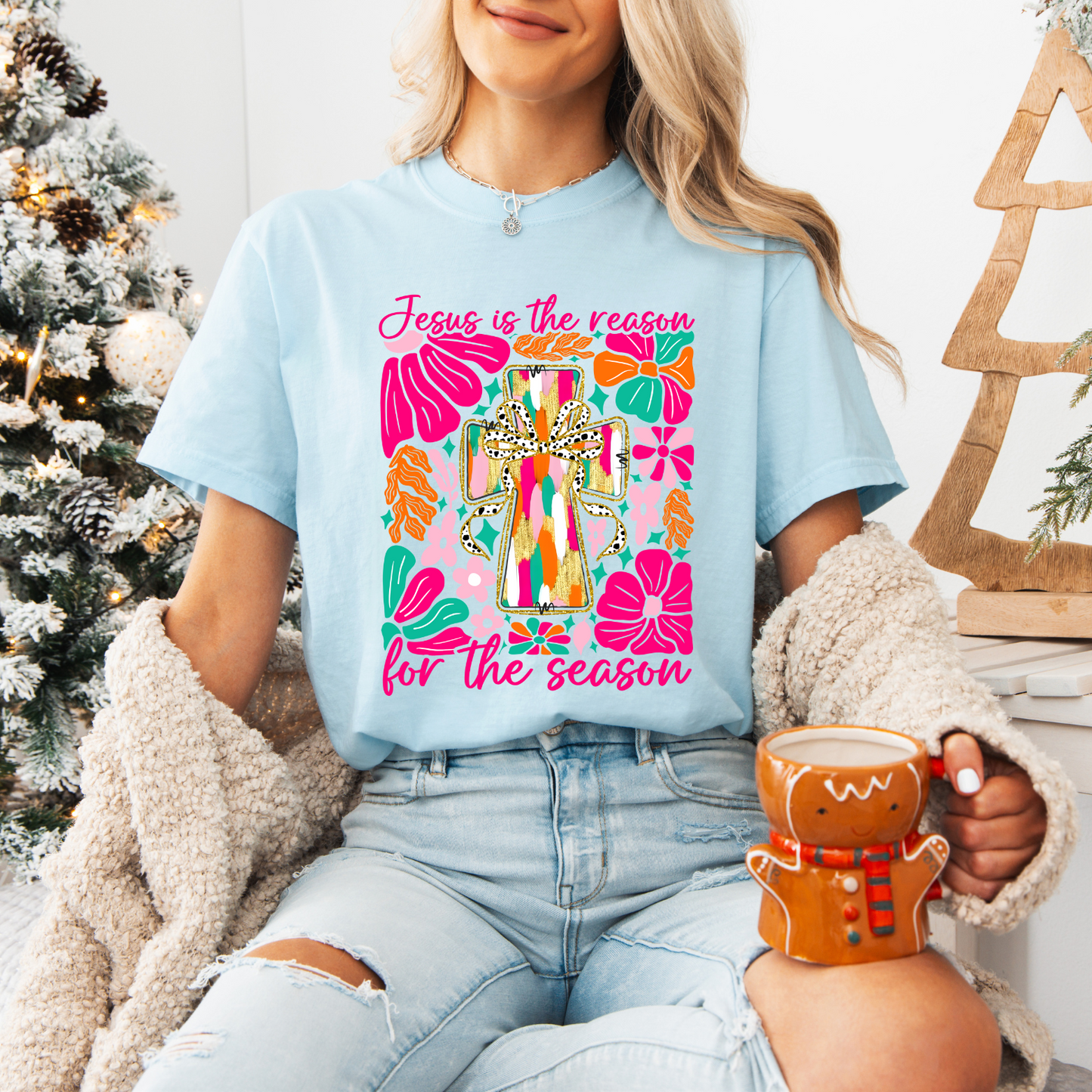 Boho Floral Jesus Is The Reason, Comfort Colors, Winter Holiday Tshirt, Womens Christmas Tee