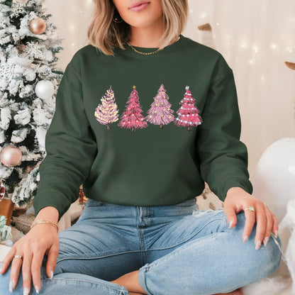 Pink Christmas Tree Pullover Sweatshirt, Women's Holiday Crewneck