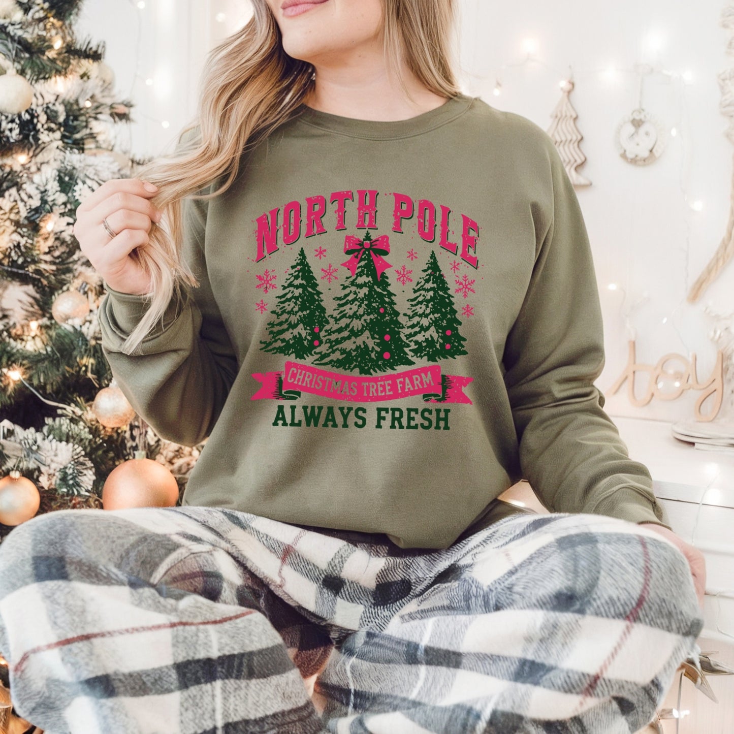 North Pole Christmas Tree Farm Pullover Sweatshirt, Women's Holiday Crewneck