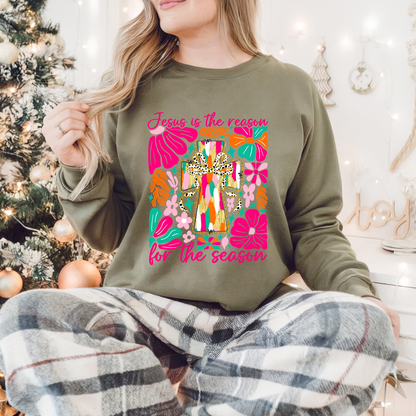 Boho Floral Jesus Is The Reason Pullover Sweatshirt, Women's Holiday Crewneck