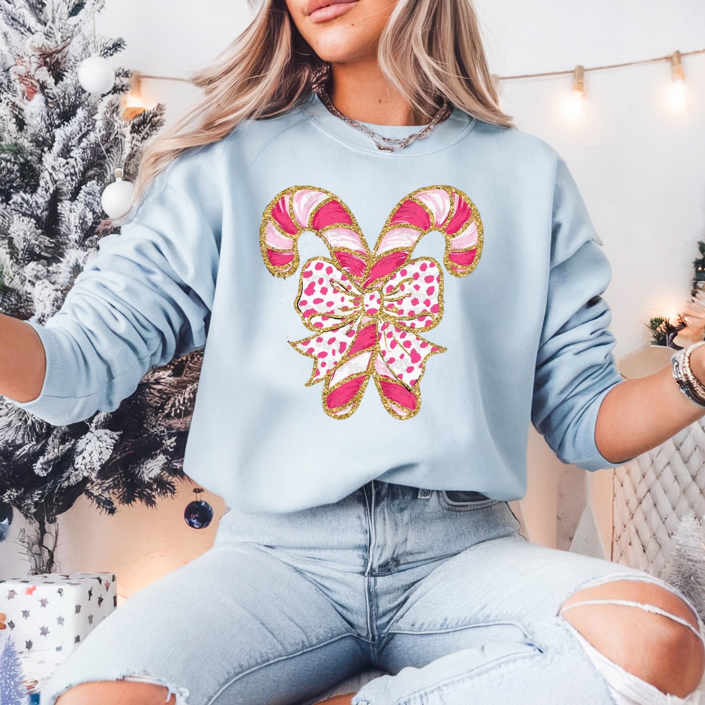 Pink Candy Cane Bow Christmas Pullover Sweatshirt, Women's Holiday Crewneck