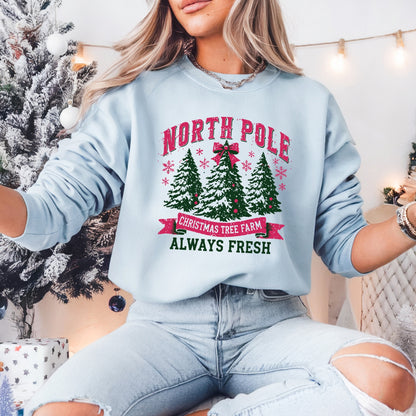 North Pole Christmas Tree Farm Pullover Sweatshirt, Women's Holiday Crewneck