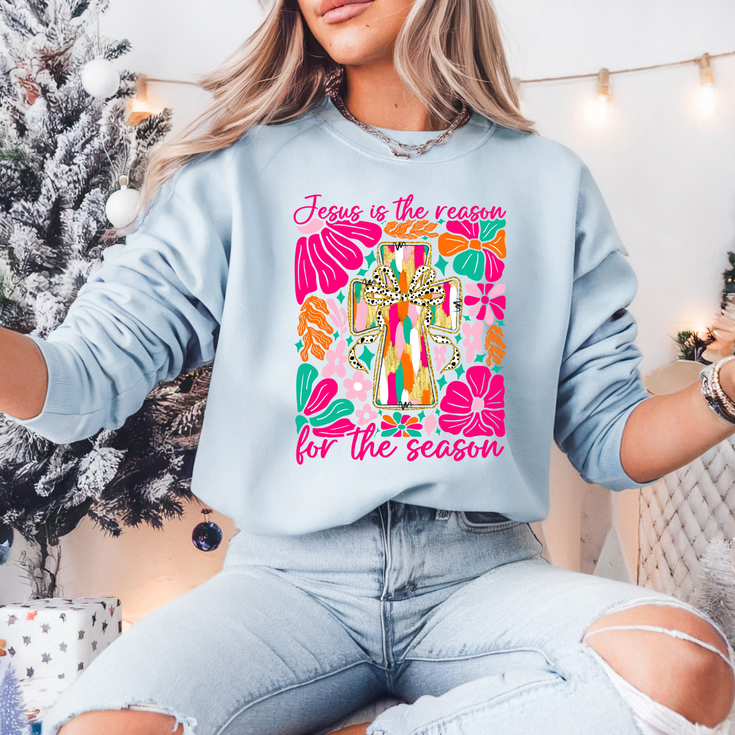 Boho Floral Jesus Is The Reason Pullover Sweatshirt, Women's Holiday Crewneck