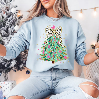 Glitter Coquette Christmas Tree Pullover Sweatshirt, Women's Holiday Crewneck