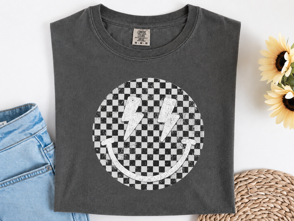 Checker Smile Lightning DTG Printed Comfort Colors Graphic Tee