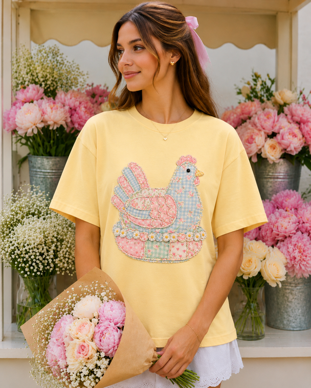 Faux Patchwork Chicken Cottagecore DTG Printed Comfort Colors Graphic T-Shirt