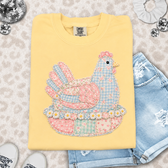 Faux Patchwork Chicken Cottagecore DTG Printed Comfort Colors Graphic T-Shirt