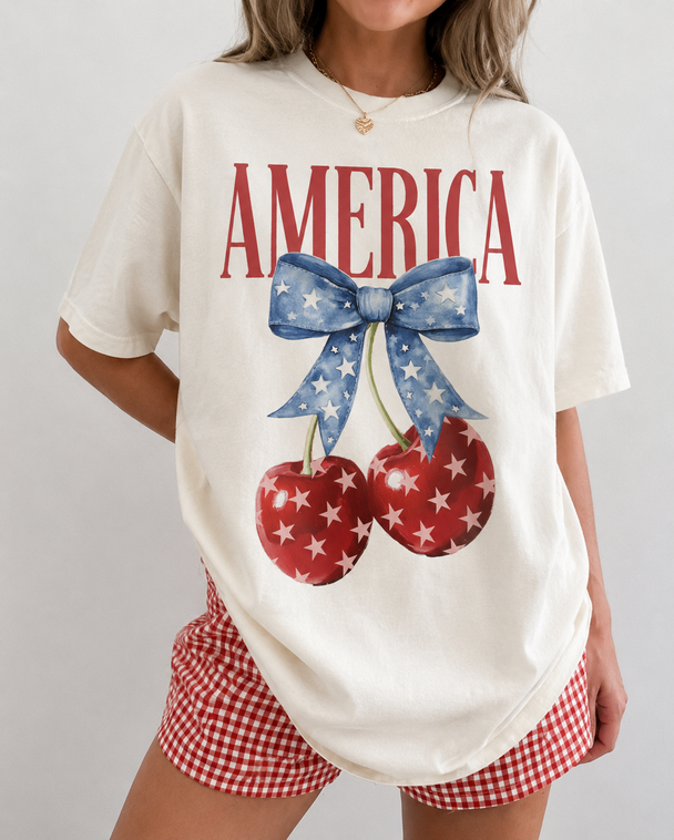America Cherry 4th Of July DTG Printed Comfort Colors Graphic T-Shirt