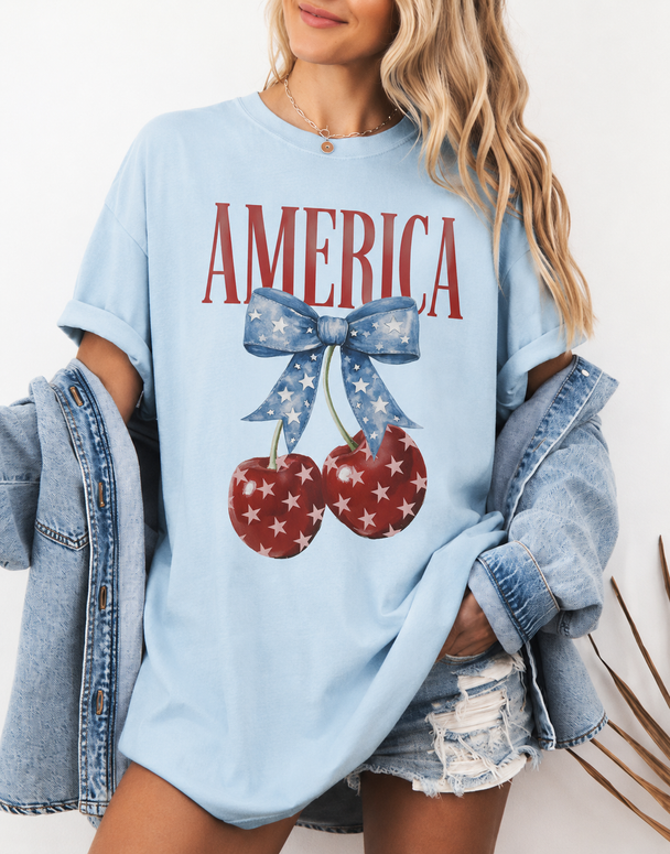 America Cherry 4th Of July DTG Printed Comfort Colors Graphic T-Shirt