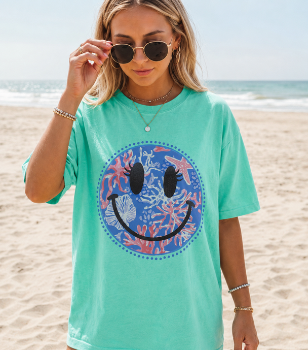 Coral Beachy Smiley Face DTG Printed Comfort Colors Graphic T-Shirt