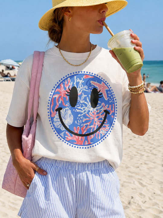 Coral Beachy Smiley Face DTG Printed Comfort Colors Graphic T-Shirt