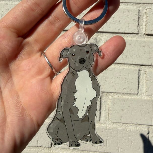 Pitbull Dog Keychain | Cute Acrylic Pet Keychain | Grey and White Pit Bull | Dog Owner Gift
